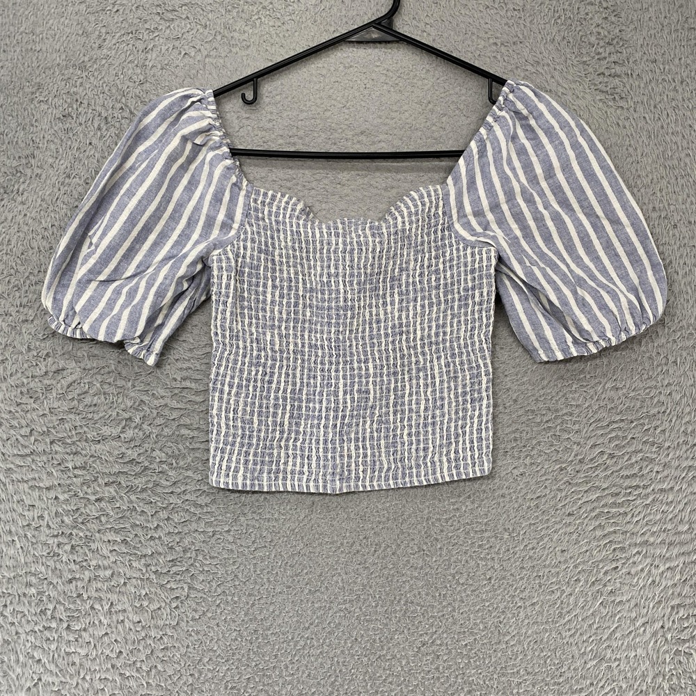 Abercrombie & Fitch Smocked Top Womens Small Blue Striped Linen Puff Sleeve Crop